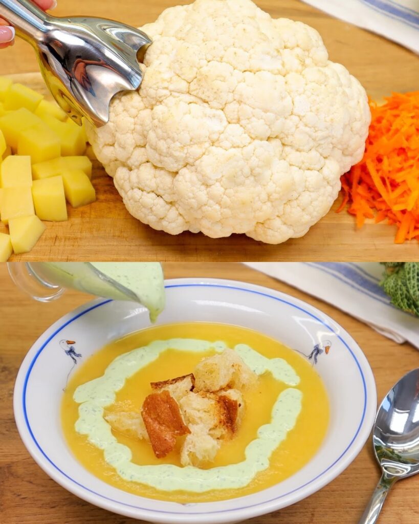 Creamy Cauliflower Soup with Yogurt Sauce and Crispy Garlic Bread