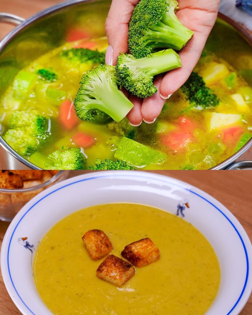 Creamy Vegetable Cheese Soup with Homemade Croutons finished dish