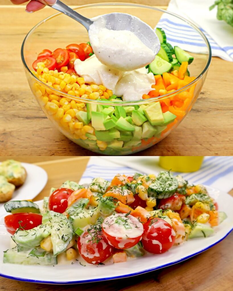 Fresh Avocado and Vegetable Salad with Creamy Mustard Dressing finished dish