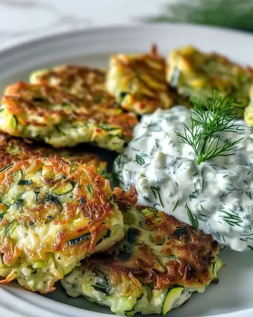 Zucchini, Feta, and Spinach Fritters with Garlic Tzatziki