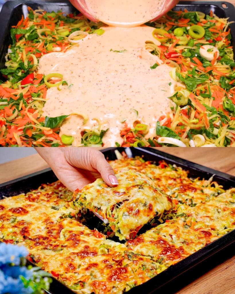 Hearty Vegetable and Egg Bake with Garlic Dill Sauce finished dish