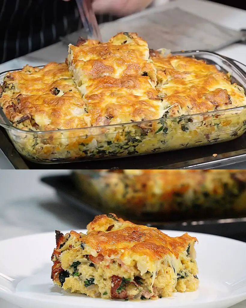 Cheesy Bacon and Spinach Bread Pudding