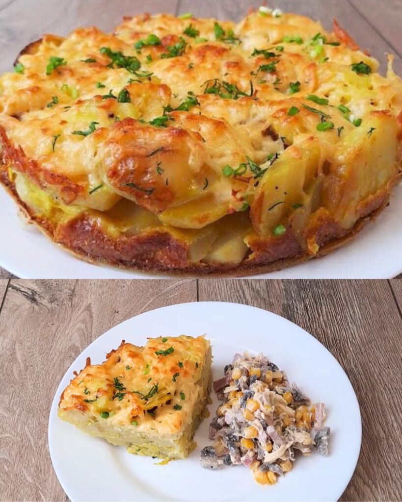 Baked Potatoes and Eggs with Ham and Mushroom Salad finished dish
