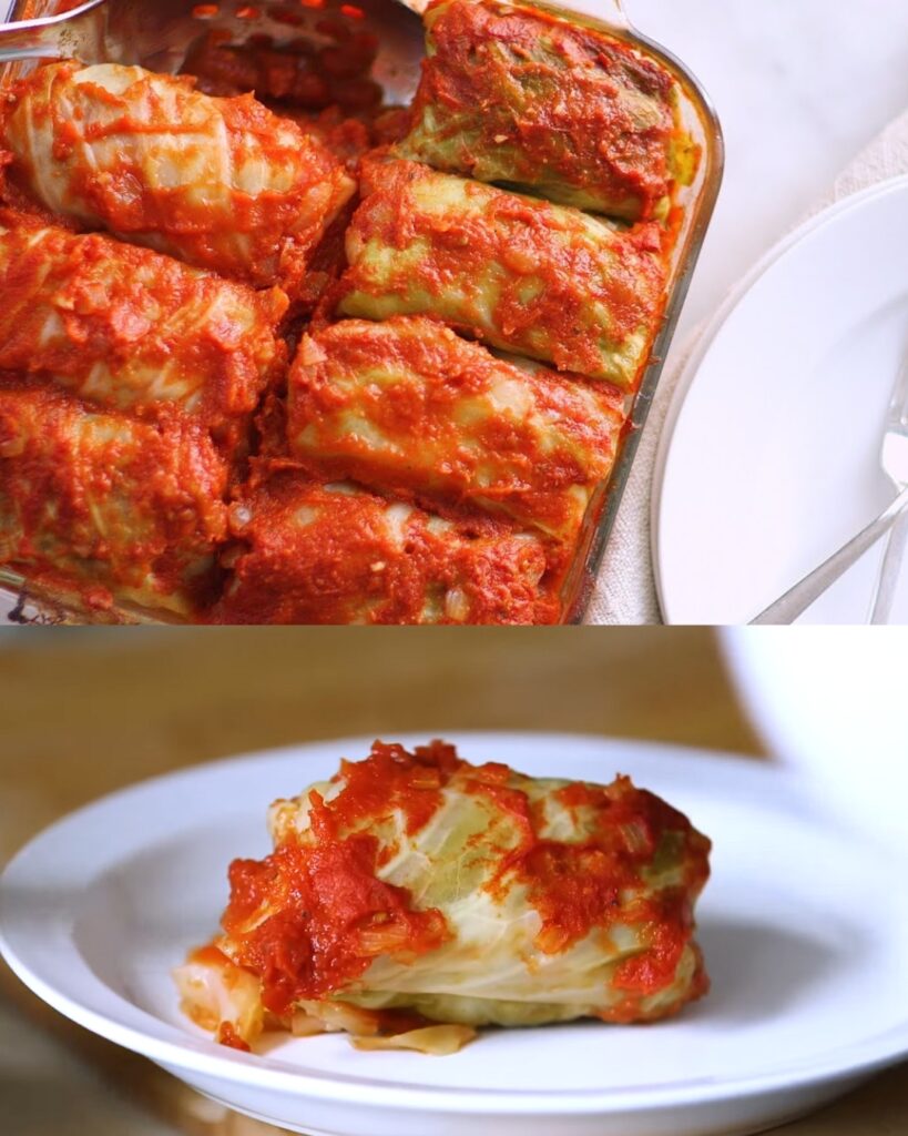 Savory Stuffed Cabbage Rolls with Tomato Garlic Sauce finished dish