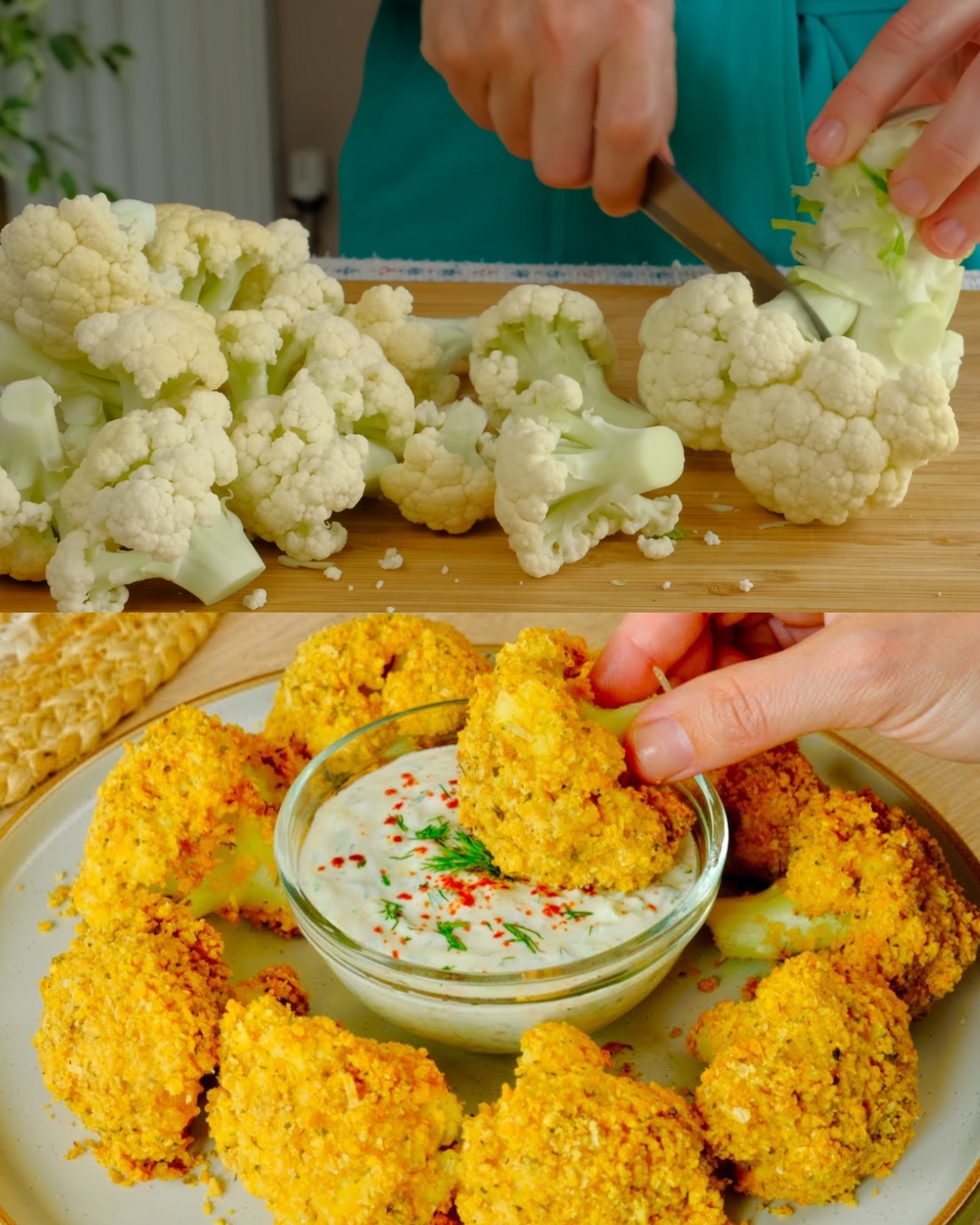 Crispy Baked Cauliflower with Garlic-Dill Yogurt Dip