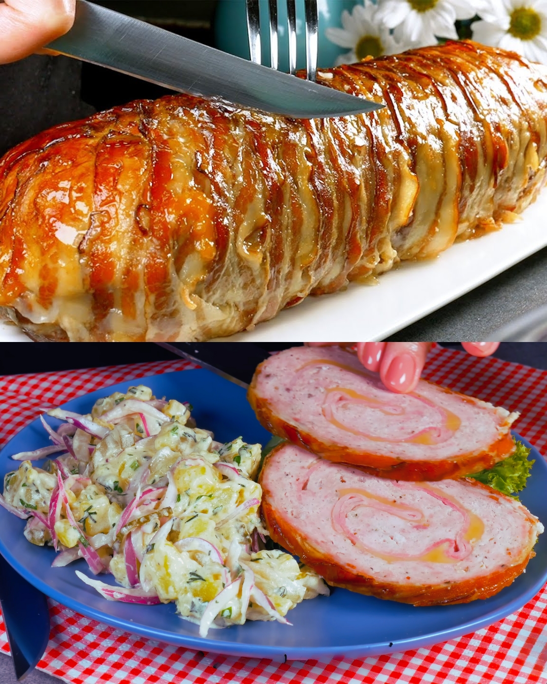 Bacon-Wrapped Cheese and Ham Stuffed Meatloaf with Potato Salad