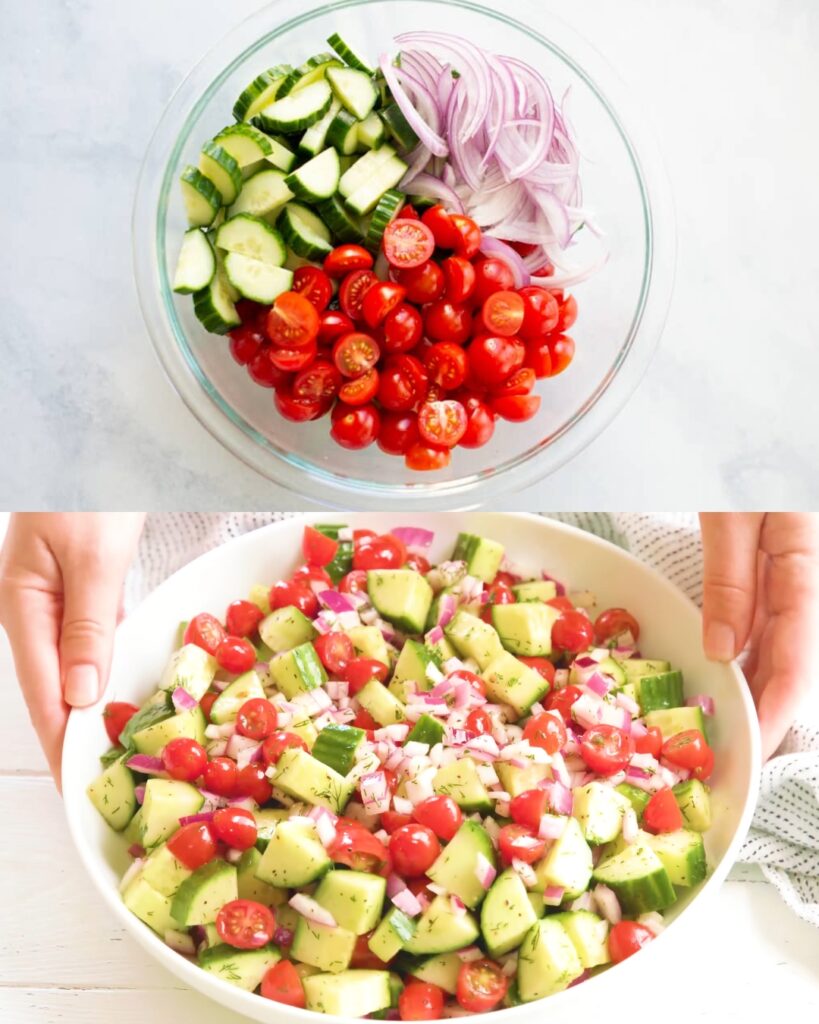 Cucumber Tomato Salad with Lemon Dill Dressing finished dish