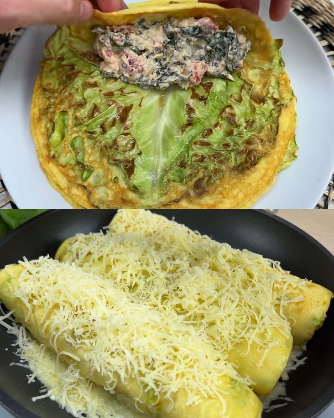 Cabbage Pancakes with Spinach and Cheese Filling