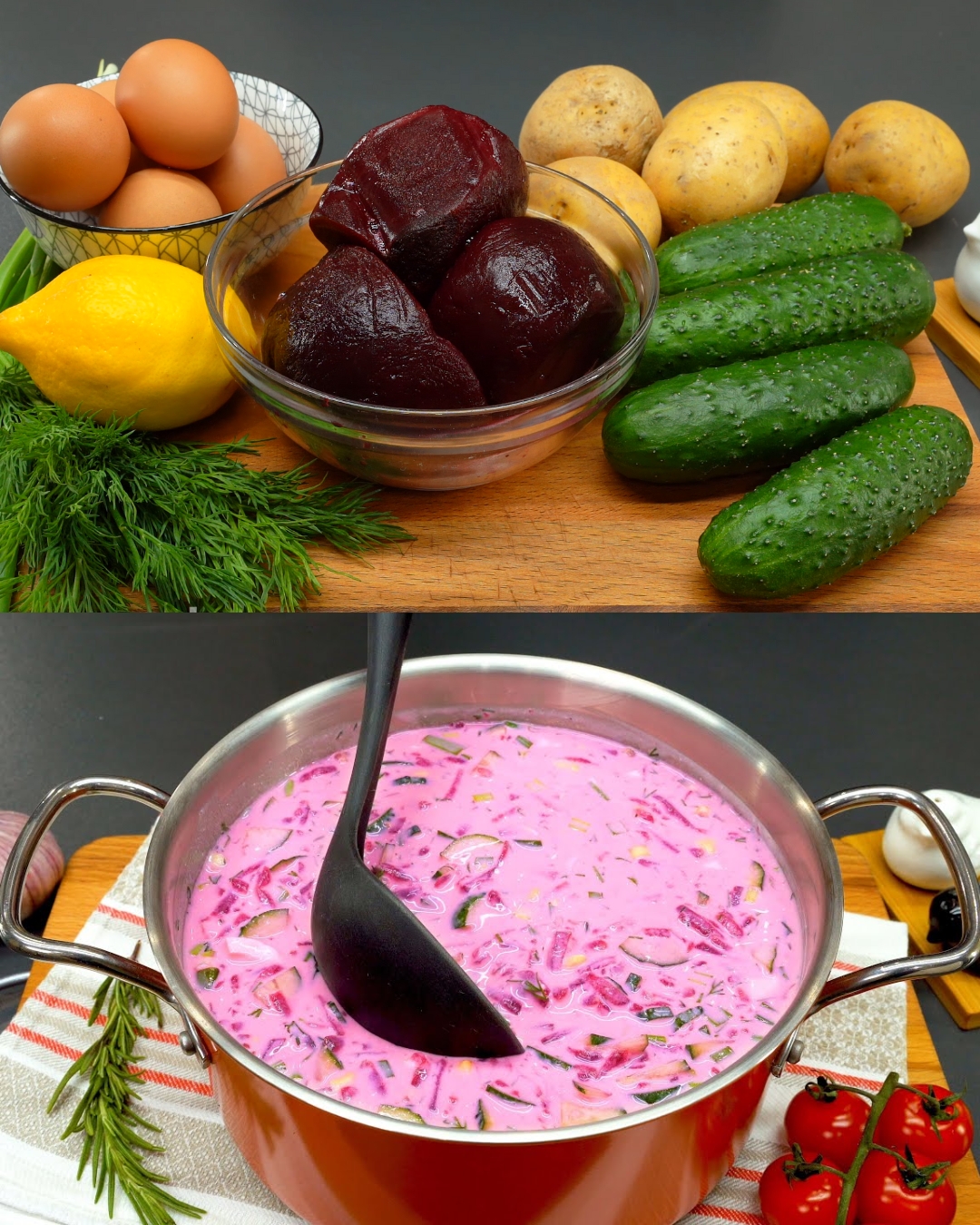 Beet and Kefir Soup with Baked Potatoes