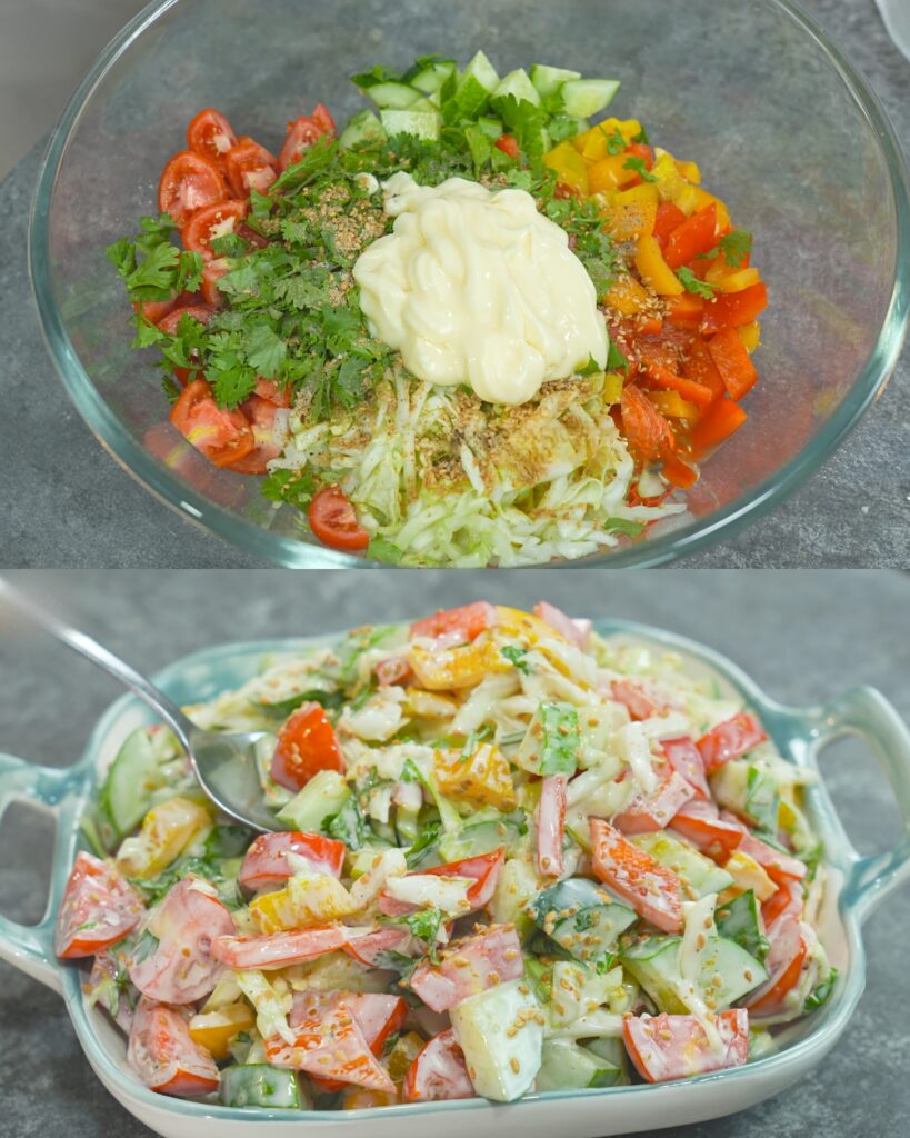 Fresh Vegetable Salad with Sesame Mayonnaise Dressing finished dish