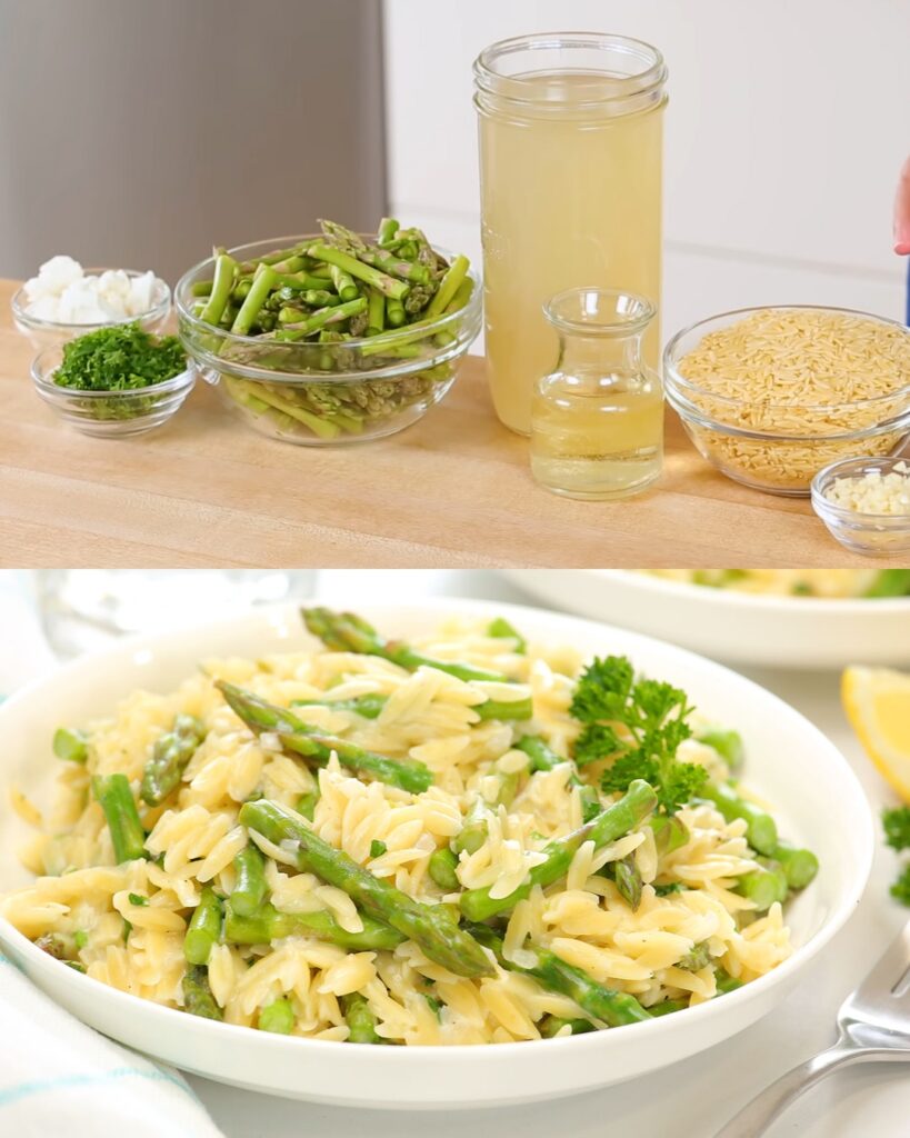 Creamy Orzo with Asparagus and Goat Cheese finished dish