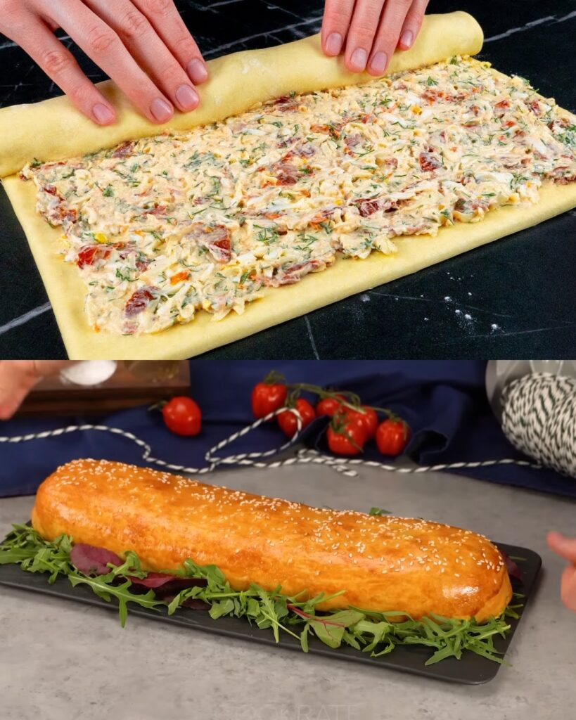 Puff Pastry Roll with Mozzarella and Dried Tomatoes finished dish