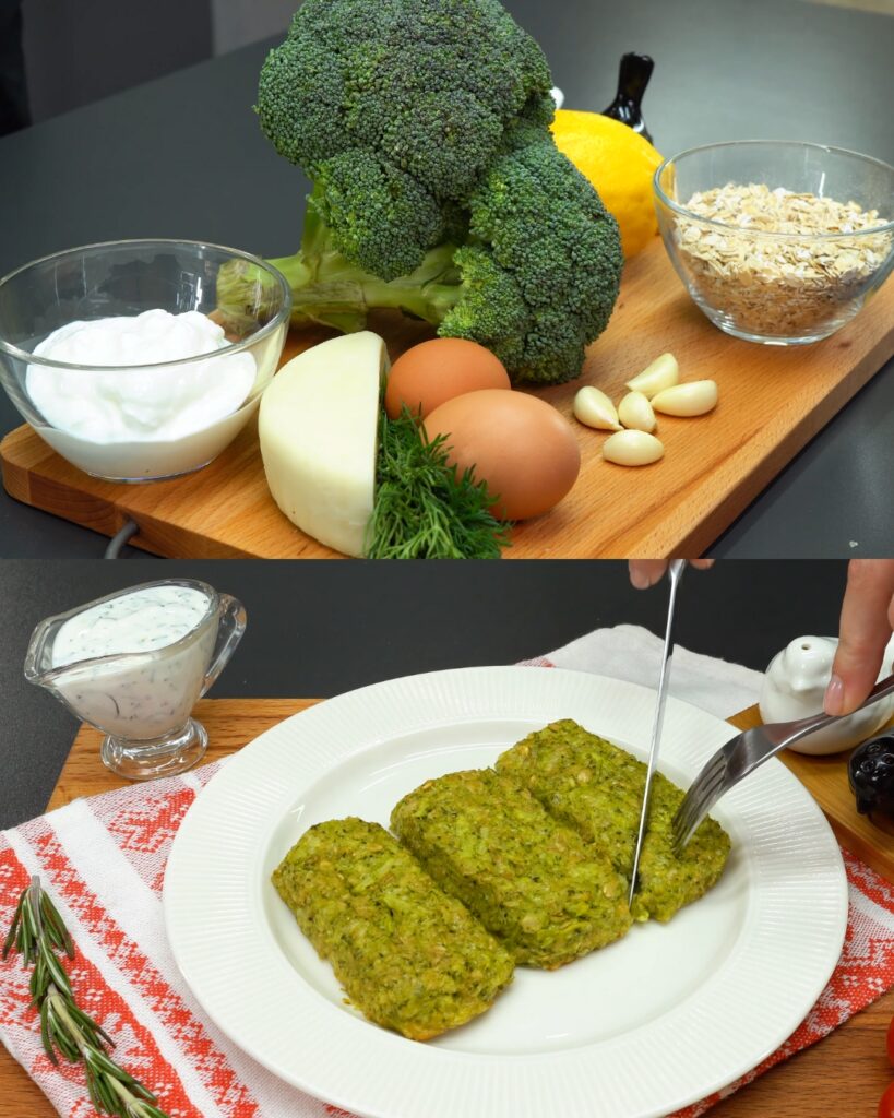 Broccoli and Oatmeal Bites with Garlic Lemon Yogurt Sauce finished dish