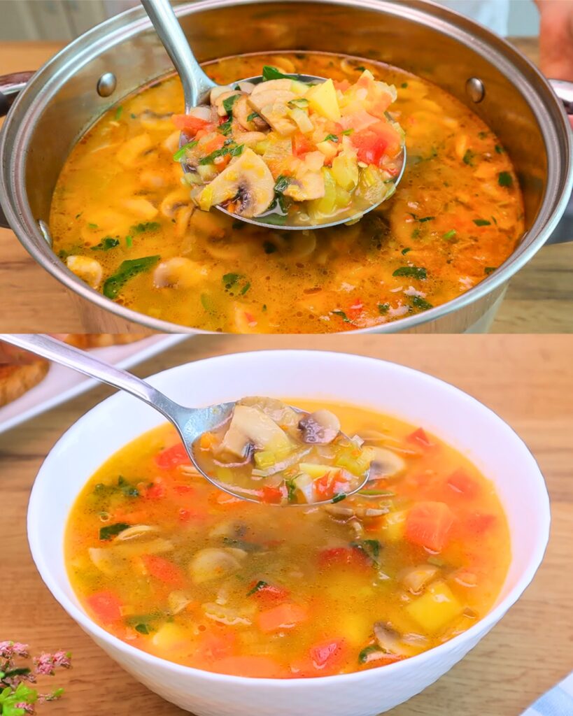 Vegetable Soup with Mushroom and Herb Croutons finished dish