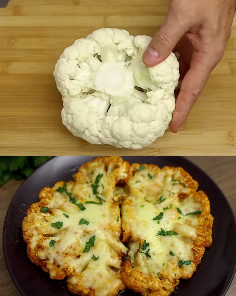 Roasted Cauliflower Steaks with Cheese and Peppers finished dish