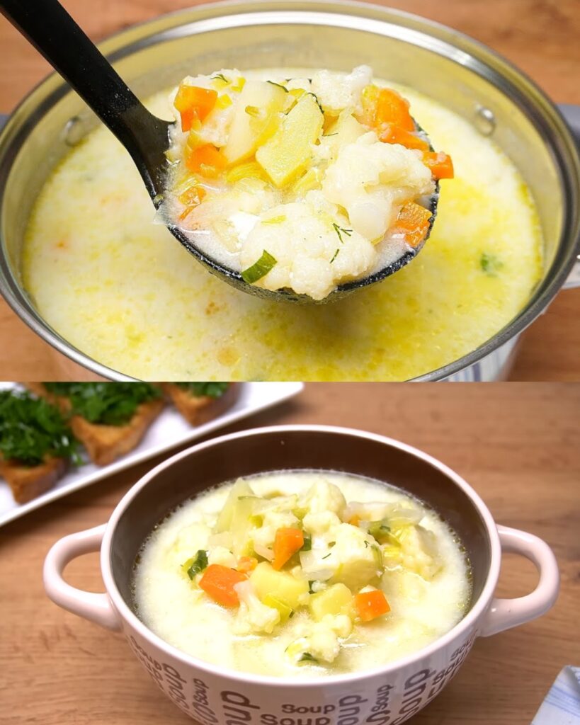 Creamy Cauliflower and Potato Soup with Herb Croutons finished dish