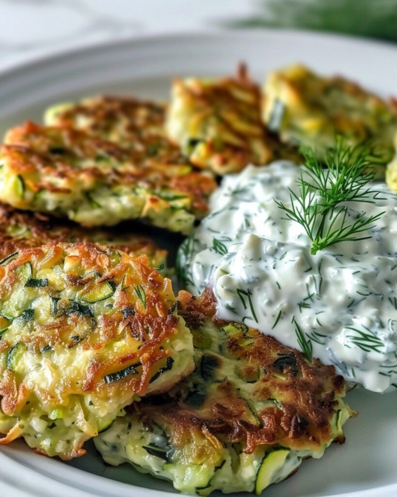 Zucchini, Feta, and Spinach Fritters with Garlic Tzatziki finished dish