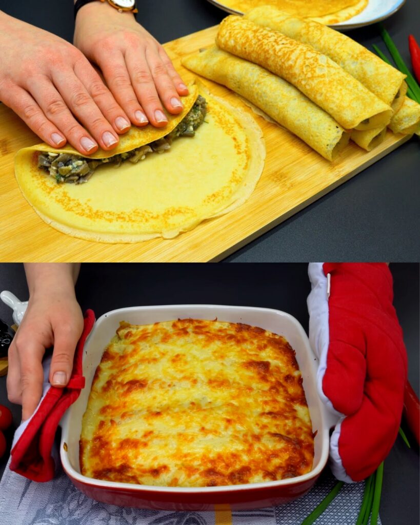 Savory Crepes with Creamy Mushroom Filling and Cheese Sauce finished dish