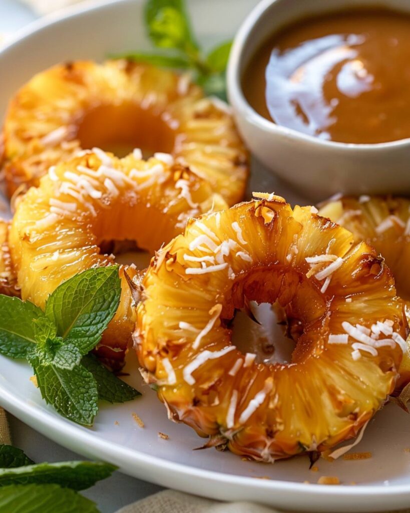 Fried Coconut Pineapple Rings with Creamy Dipping Sauce finished dish