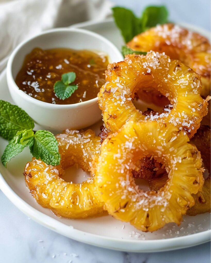 Fried Coconut Pineapple Rings with Creamy Dipping Sauce finished dish