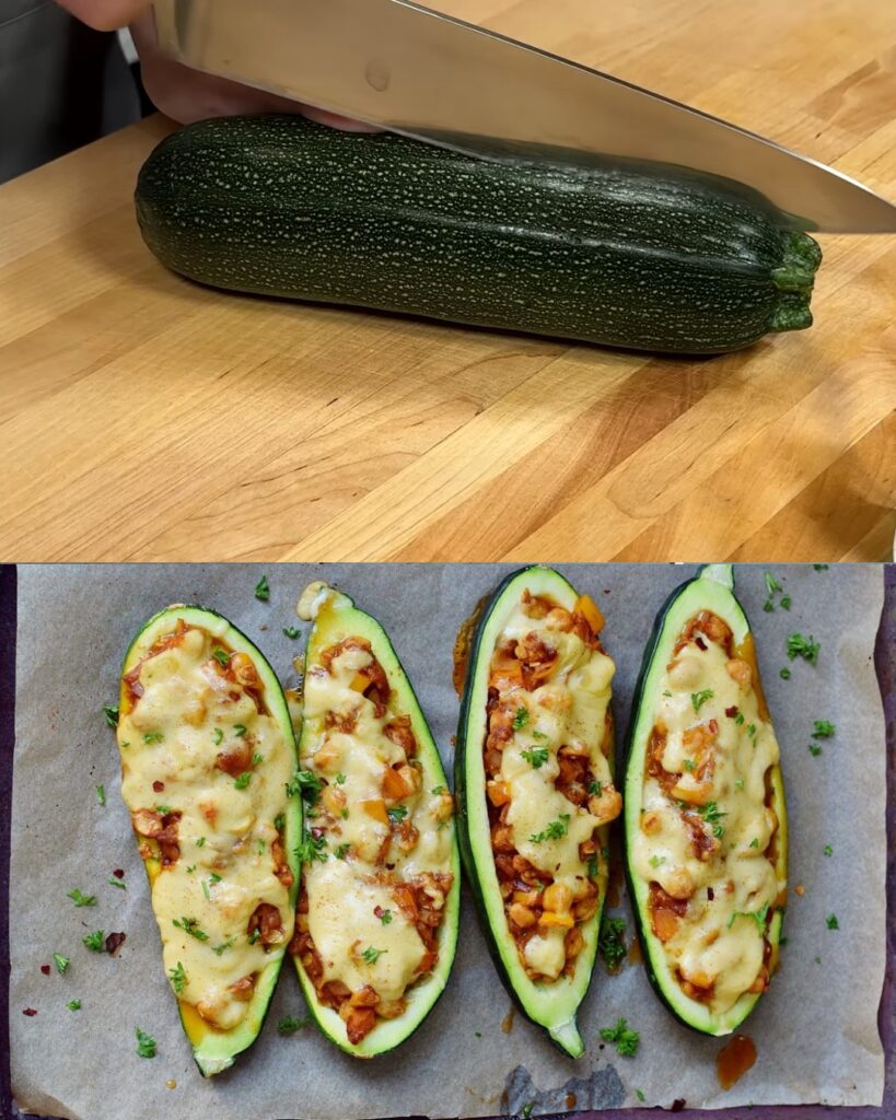 Vegan Stuffed Zucchini with Chickpeas and Vegan Cheese finished dish