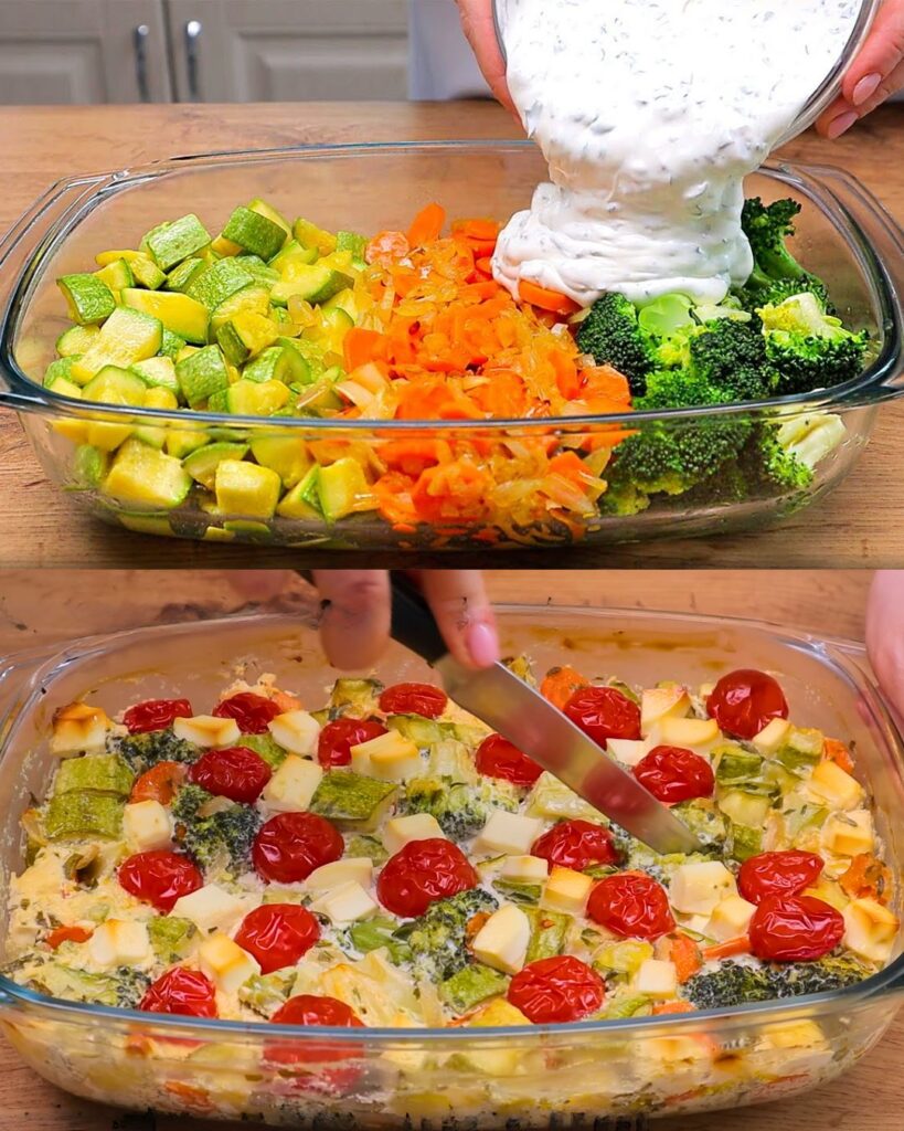 Broccoli and Vegetable Casserole with Yogurt Mustard Sauce finished dish