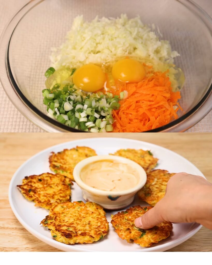 Cabbage and Carrot Fritters with Spicy Sour Cream Sauce