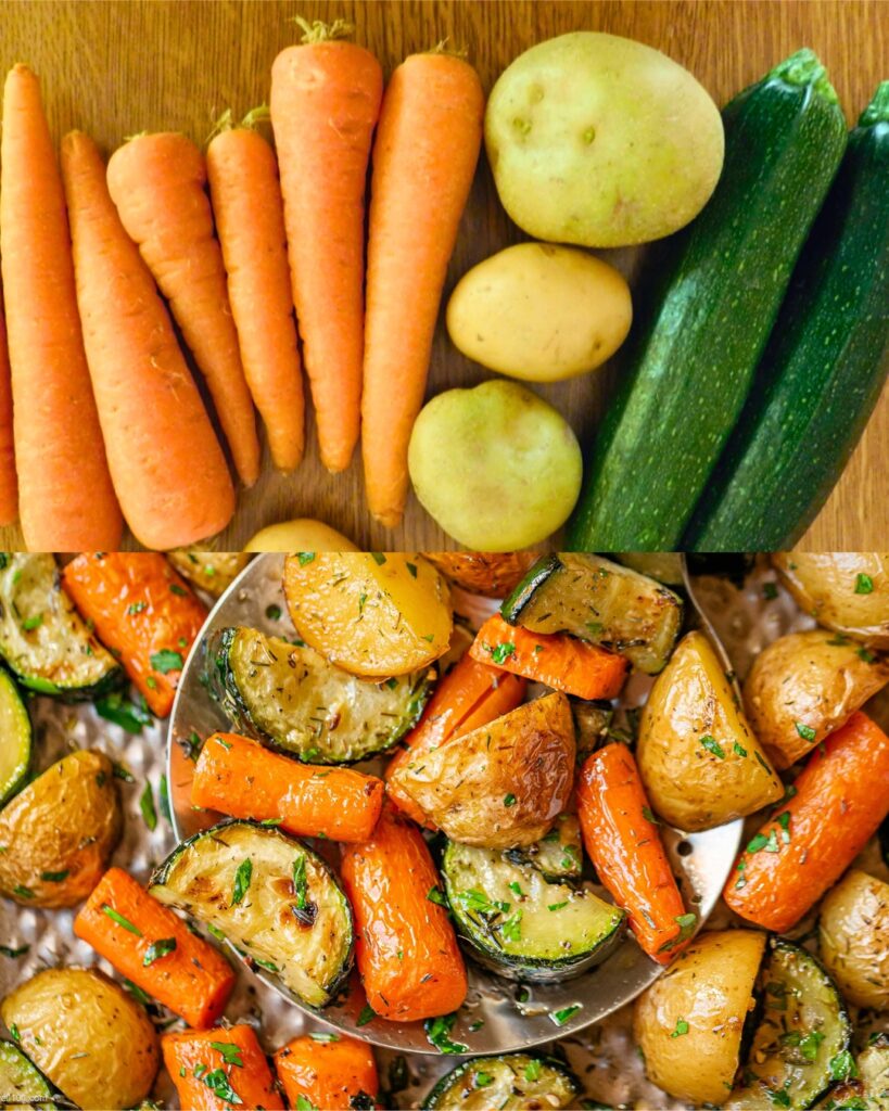 Garlic Herb Roasted Potatoes, Carrots, and Zucchini finished dish