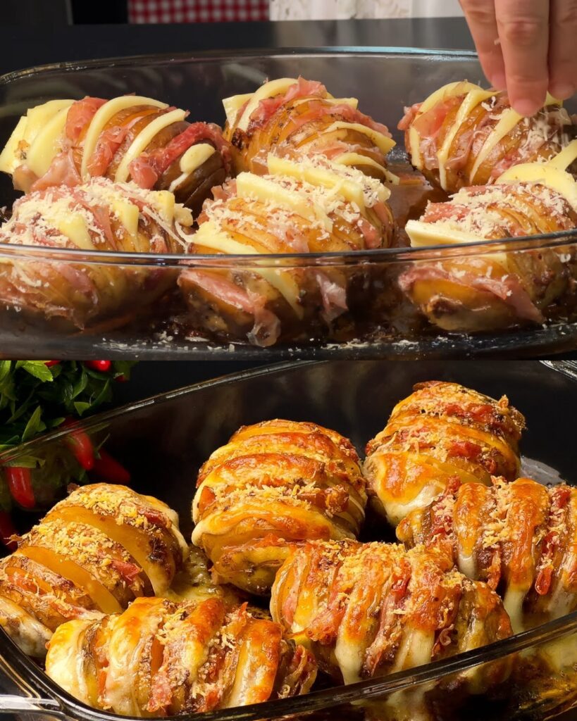 Baked Potatoes with Ham, Mozzarella, and Parmesan