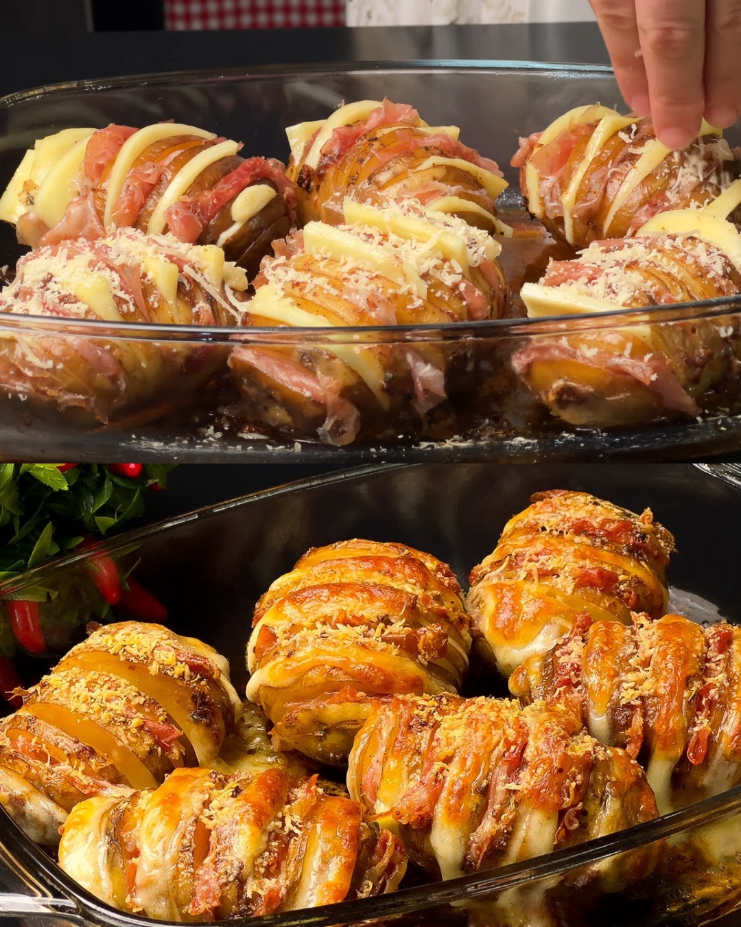 Baked Potatoes with Ham, Mozzarella, and Parmesan