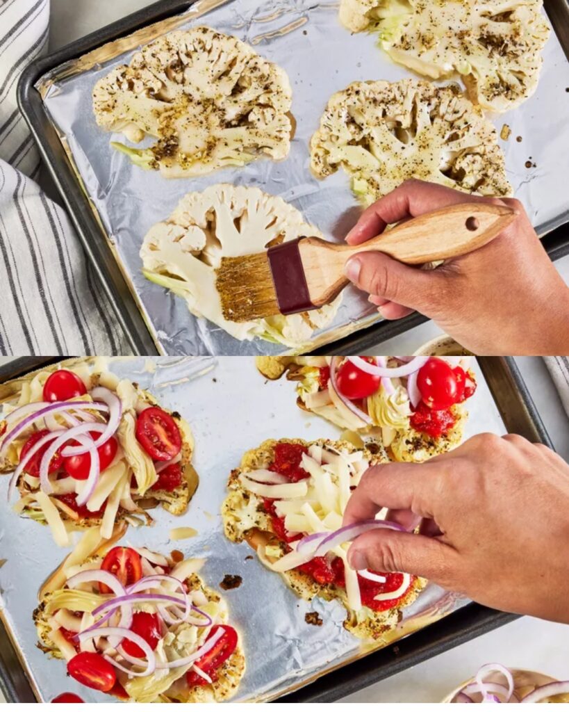 Cauliflower Steaks with Mozzarella and Vegetables finished dish