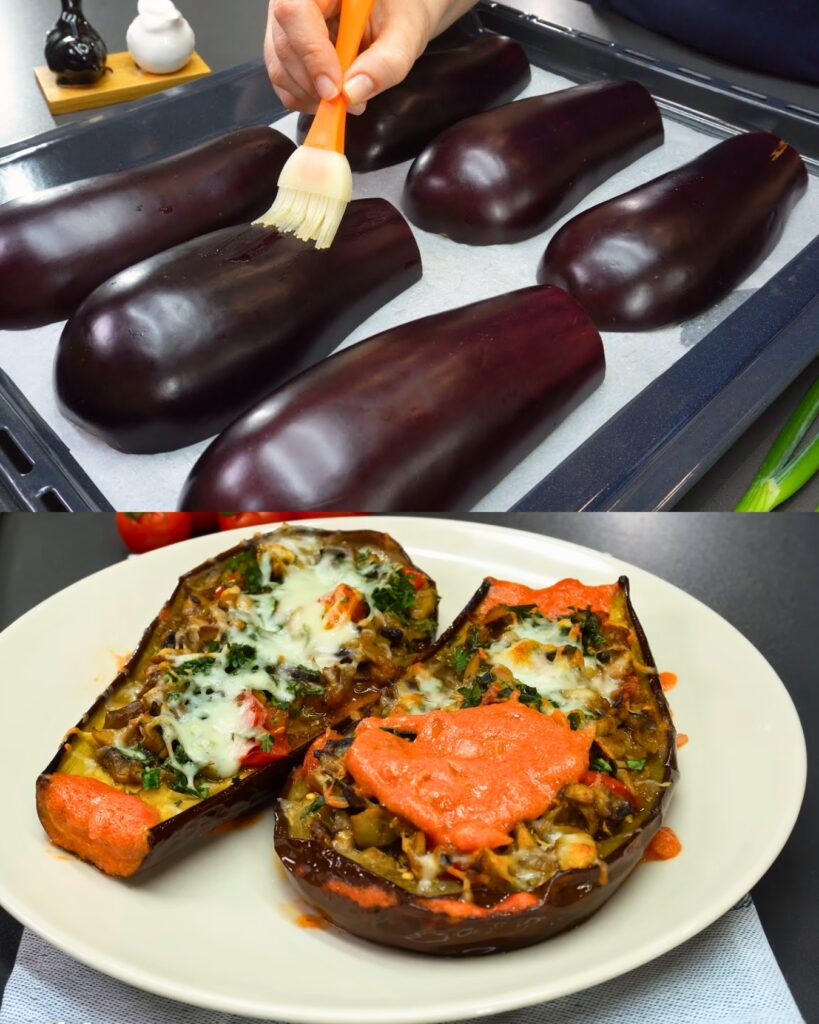 Baked Stuffed Eggplants with Mushroom and Tomato Sauce