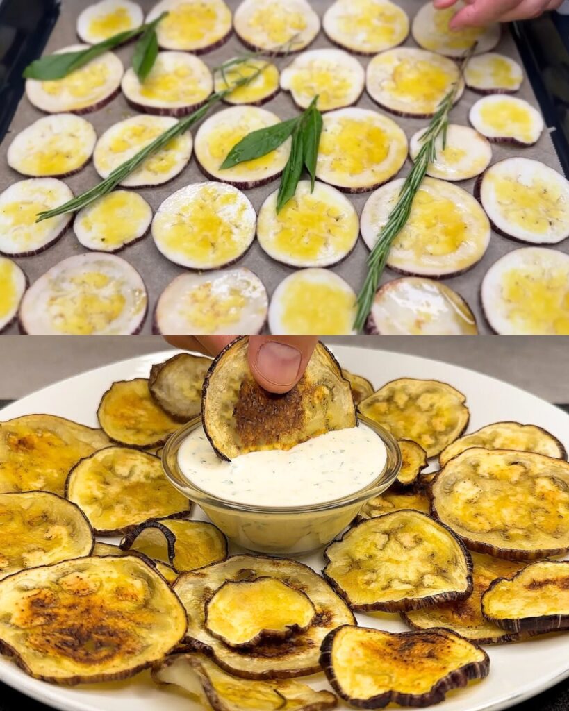 Crispy Baked Eggplant Chips with Yogurt Dipping Sauce