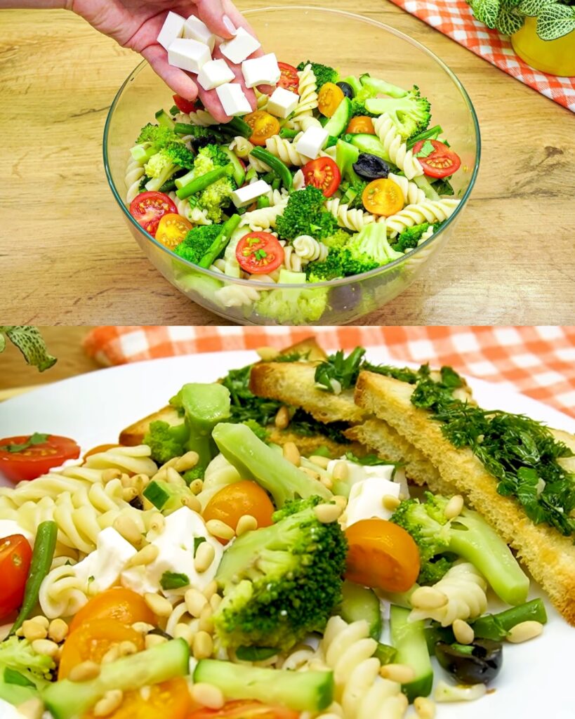 Vibrant Broccoli, Green Bean, and Pasta Salad with Feta and Croutons