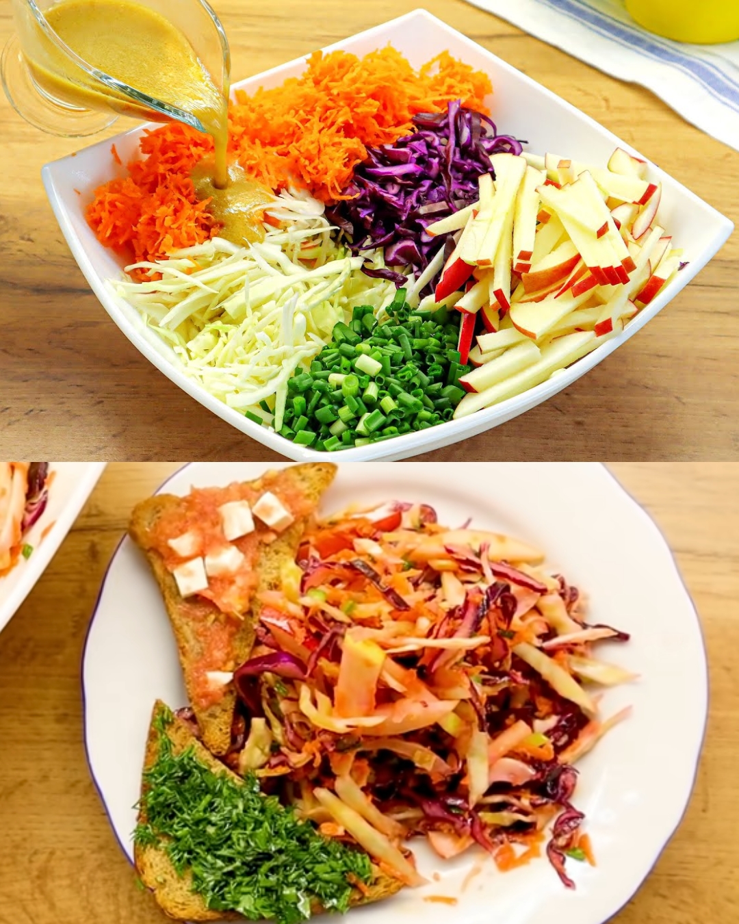 Fresh and Crunchy Cabbage, Carrot, and Apple Salad with Bruschetta