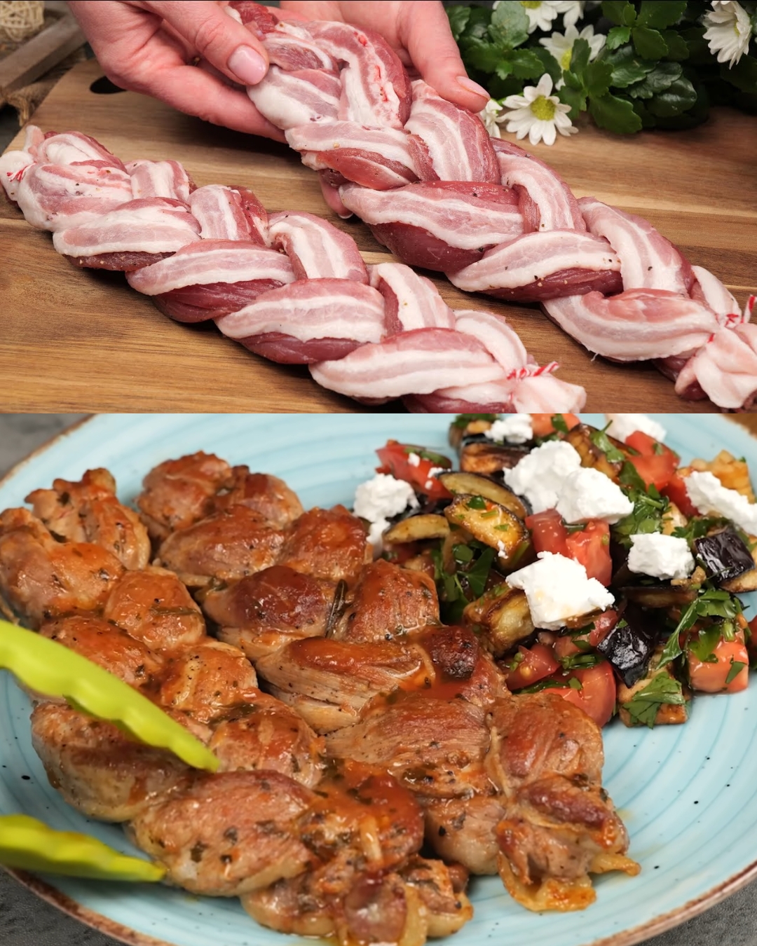 Bacon-Wrapped Pork Fillet Braids with Spicy Eggplant and Tomato Salad