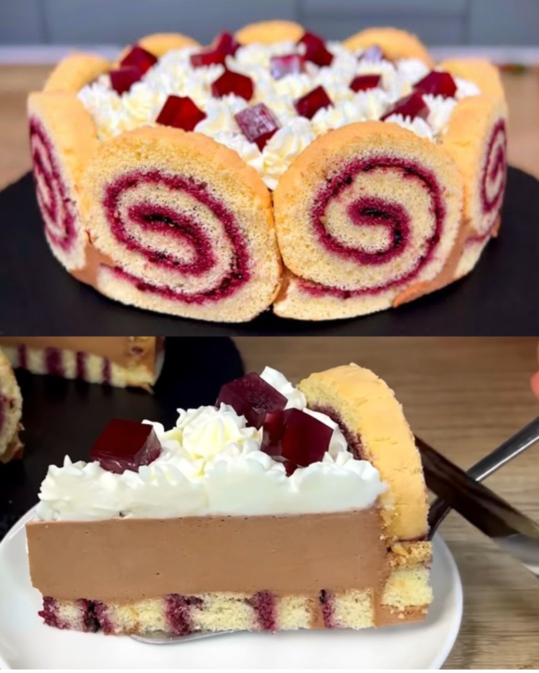 Sponge Cake Roll with Nutella Mousse and Blackcurrant Jam