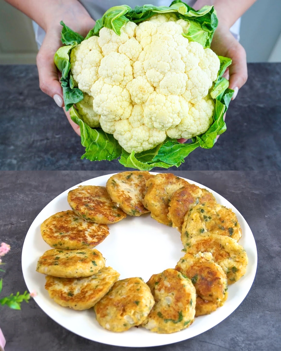 Grandma’s Cauliflower Patties with a Fresh Cucumber-Tomato Salad