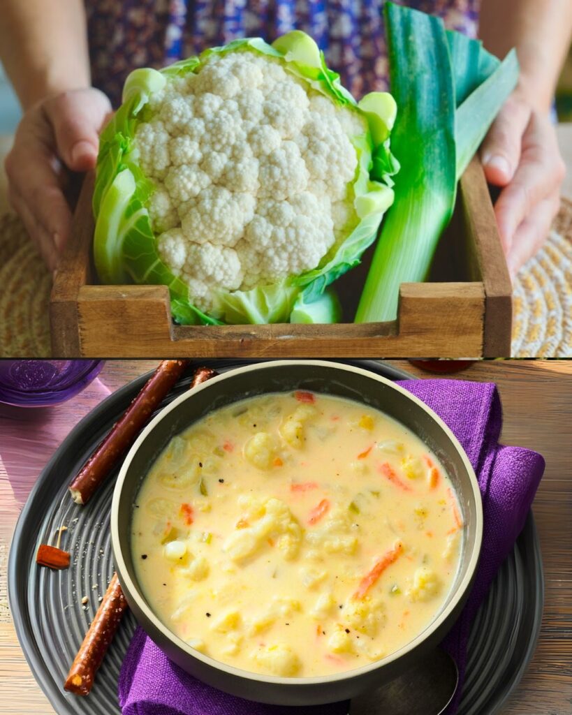 Creamy Cauliflower, Leek, and Cheddar Soup finished dish
