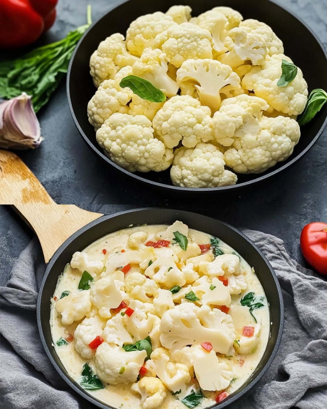 Cauliflower and Egg Skillet with Tomatoes and Green Onions
