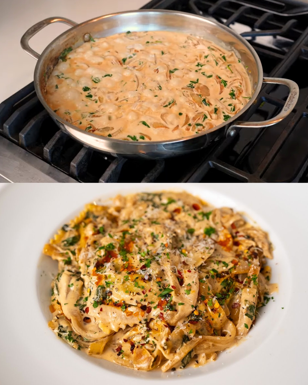 Creamy Spinach and Artichoke Ravioli with Caramelized Onion Sauce