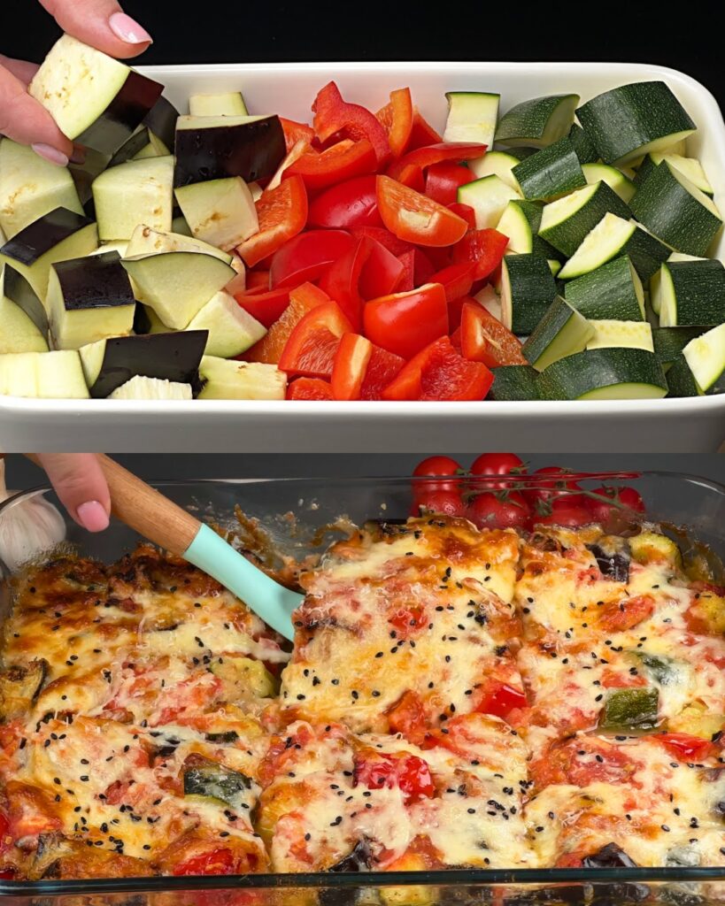 Baked Vegetable Casserole with Eggplant, Peppers, Zucchini, and Cheese finished dish
