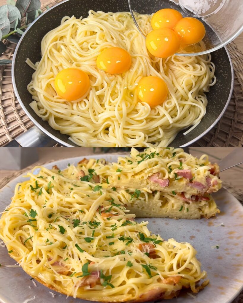One-Pan Pasta with Eggs, Bacon, and Parmesan finished dish