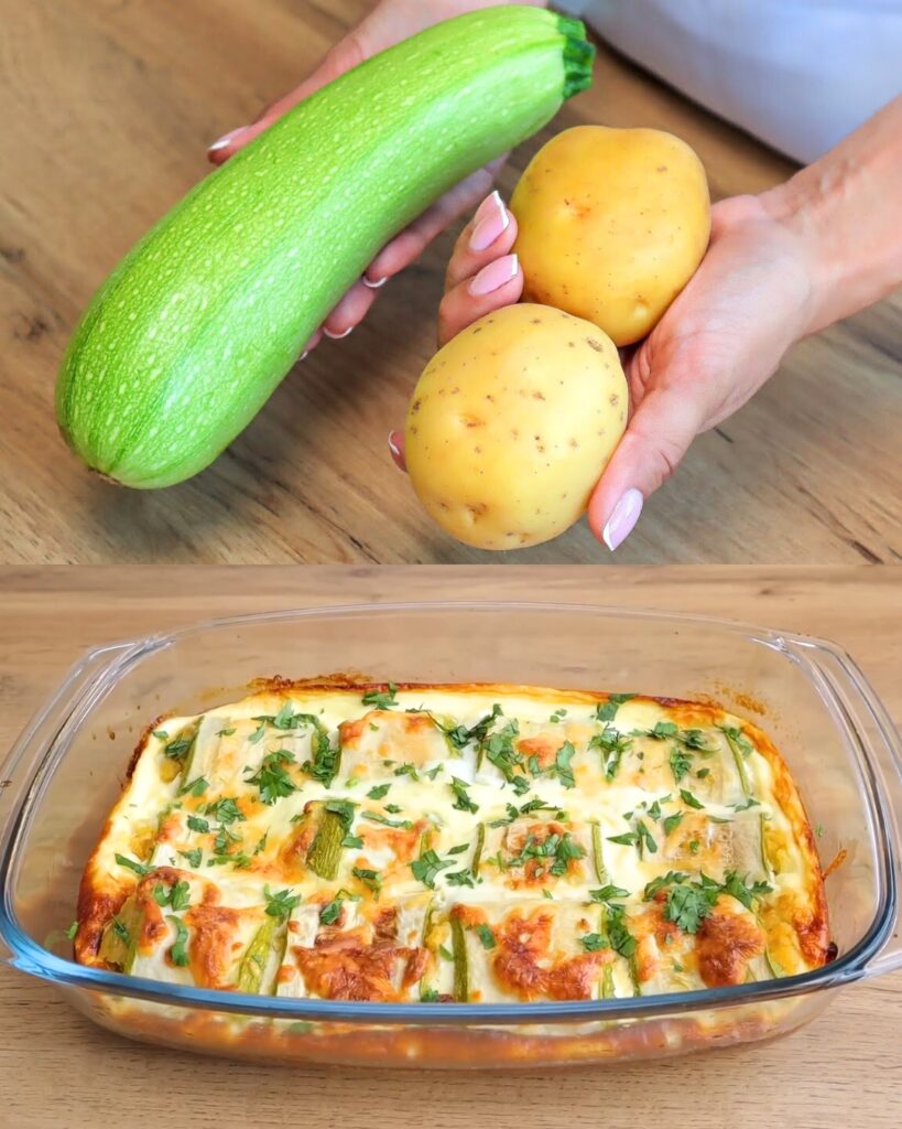 Zucchini and Potato Bake with Cheddar Cheese finished dish