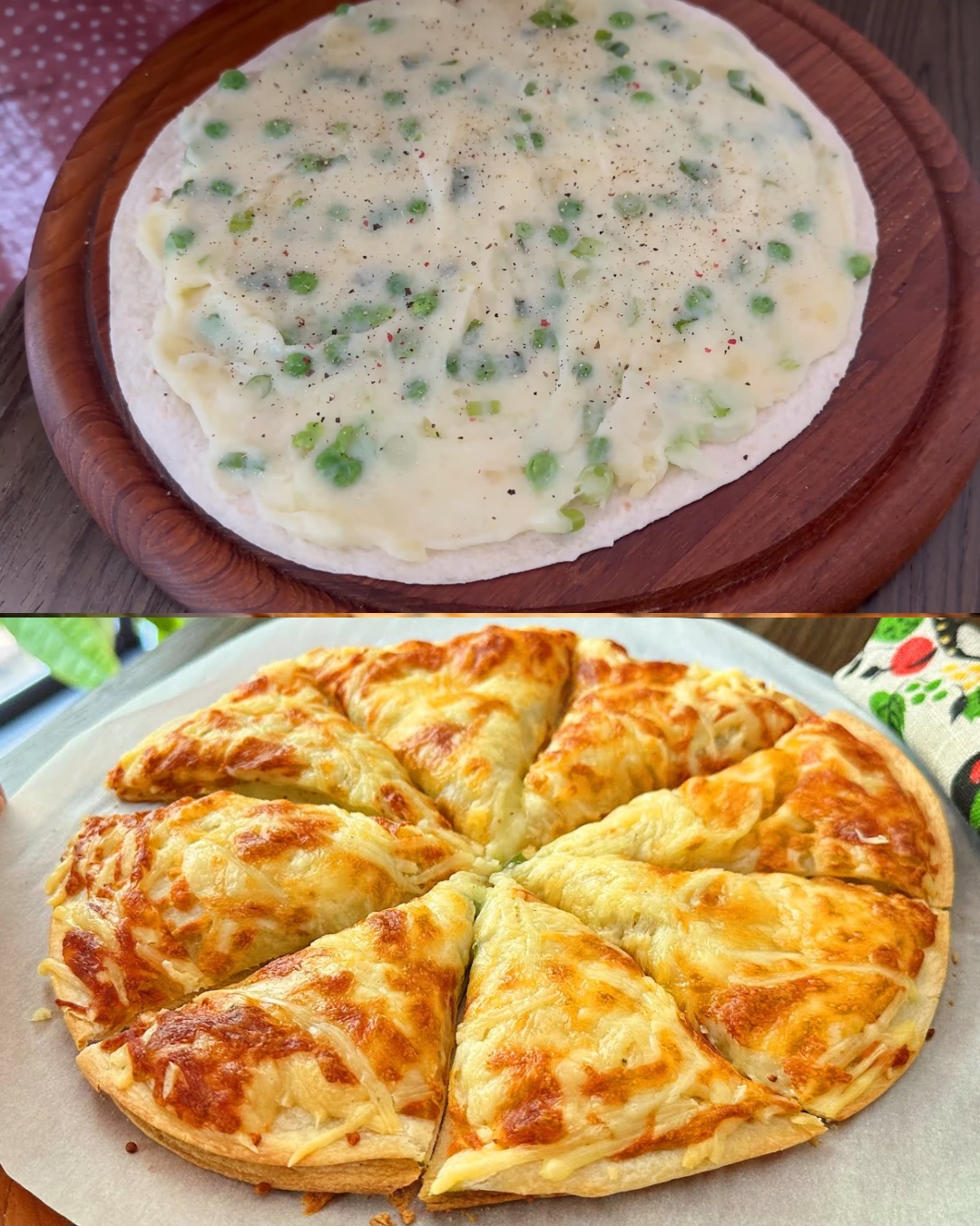 Cheesy Potato and Green Pea Tortilla Bake