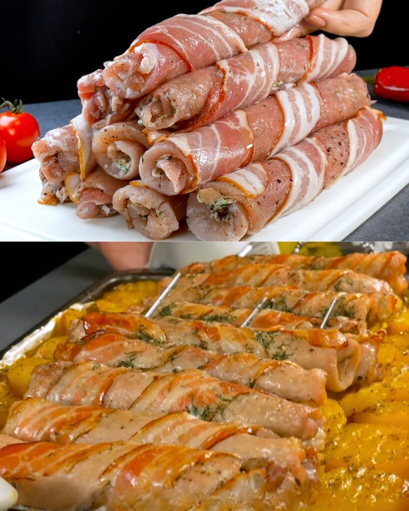 Mega Delicious Pork Rolls with Seasoned Potatoes finished dish