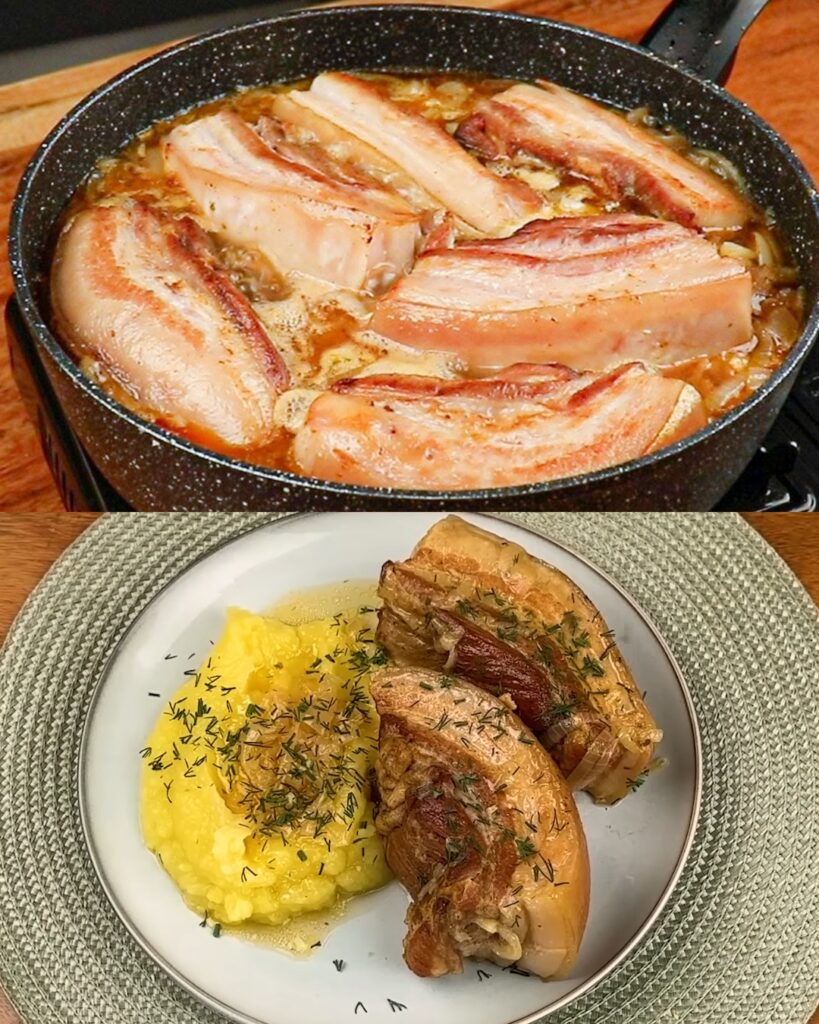 Braised Pork Belly with Beer and Mashed Potatoes finished dish