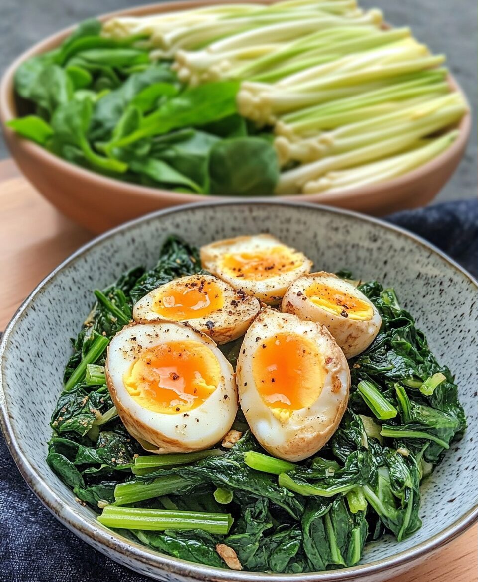 Spinach and Eggs with Enoki Mushrooms