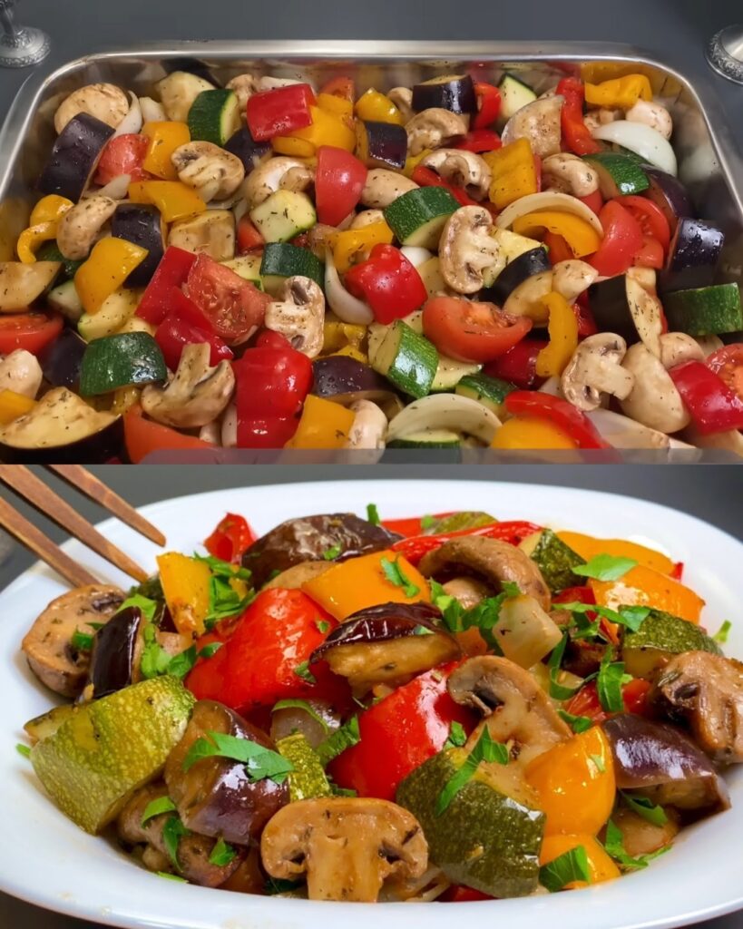 Roasted Vegetable Medley with Aubergine, Zucchini, Paprika, Mushrooms, and Tomatoes finished dish