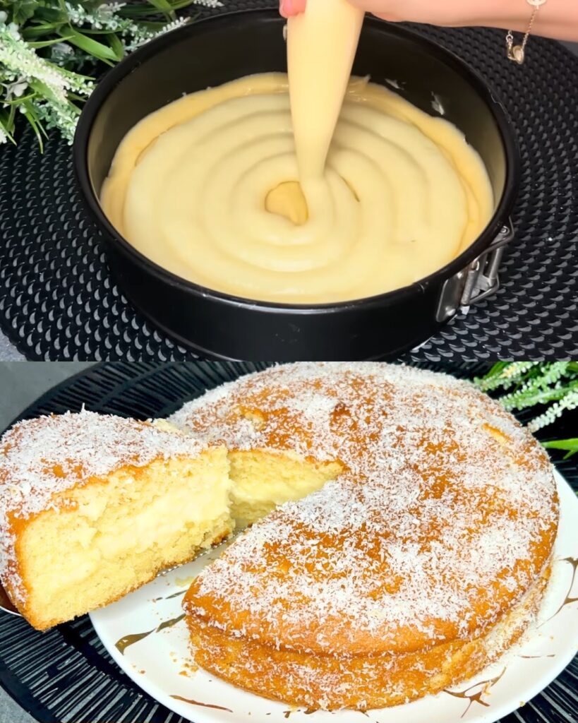 Lemon Custard Cake with Jam and Coconut Topping Recipe finished dish